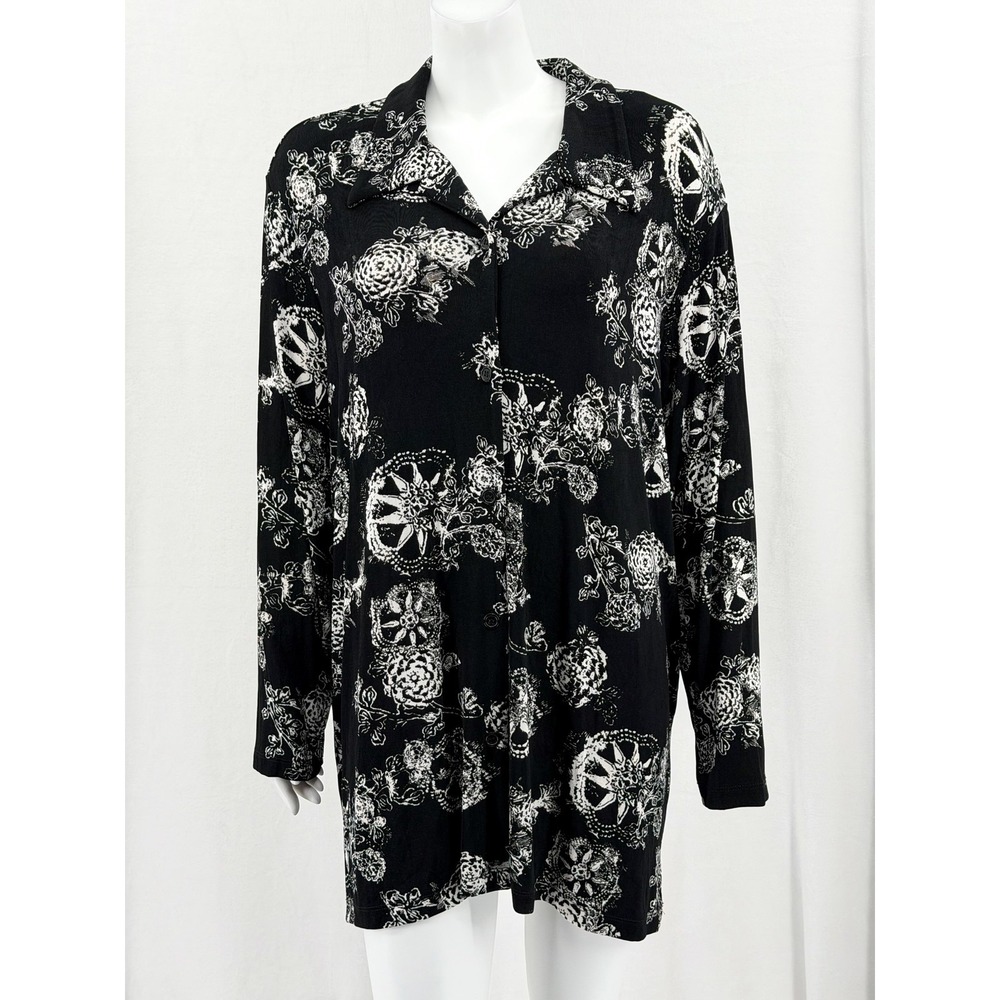 Slinky Brand Top Womens 2X Black Floral Button Up Tunic Stretch Work Travel